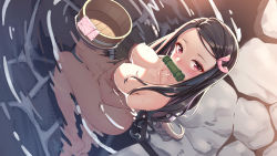 Rule 34 | 1girl, barefoot, bathing, between legs, bit gag, black hair, blush, breasts, bucket, chinese commentary, dutch angle, from above, gag, hand between legs, highres, kamado nezuko, kimetsu no yaiba, large breasts, long hair, looking at viewer, mouth hold, nipples, nude, red eyes, sitting, solo, towel, wet, wooden bucket, yinqi