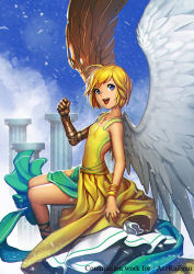 Rule 34 | 1girl, :d, ahoge, angel, angel wings, asymmetrical wings, bangle, blonde hair, blue eyes, borrowed character, bracelet, breasts, cassie (acerailgun), cloud, covered navel, cyborg, day, feathered wings, feathers, happy, jewelry, mechanical arms, mechanical wings, neoartcore, open mouth, original, pendant, pillar, single mechanical arm, sitting, sky, sleeveless, small breasts, smile, solo, wings