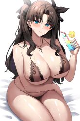 Rule 34 | 1girl, absurdres, bikini, black bikini, black ribbon, blue eyes, blush, breasts, cleavage, closed mouth, cross, cross necklace, drinking straw, earrings, fate/stay night, fate (series), hair ornament, hair ribbon, highres, holding, huge breasts, jasony, jewelry, large breasts, long hair, looking at viewer, nail polish, necklace, parted bangs, purple nails, ribbon, sideboob, simple background, sitting, smile, solo, swimsuit, thighs, tohsaka rin, underboob, white background