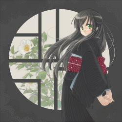 Rule 34 | 1girl, :3, arms behind back, bad id, bad pixiv id, black hair, black kimono, camellia, flower, from side, green eyes, half updo, interlocked fingers, japanese clothes, kimono, long hair, looking at viewer, naruse chisato, obi, original, pinstripe pattern, round window, sash, smile, solo, striped, vertical stripes, window