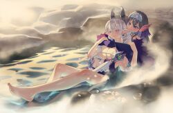 2girls barefoot biting biting_ear blue_eyes bowl bra breasts chinese_commentary covered_erect_nipples demon_girl demon_horns diadem feet fins food grey_eyes grey_hair head_fins highres horns hug jar kitkallos_(yu-gi-oh!) large_breasts light_blush long_hair lovely_labrynth_of_the_silver_castle multiple_girls onsen outdoors partially_submerged petals rare_lemon sleeves_past_wrists steam sushi tearlaments_kitkallos toes underwear yu-gi-oh! yuri