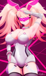 Rule 34 | 1girl, abstract background, absurdres, arm up, armpits, black trim, blonde hair, breasts, choker, cleavage, cyberpunk, danganronpa: trigger happy havoc, danganronpa (series), elbow gloves, english text, enoshima junko, female focus, gloves, gluteal fold, grey gloves, grin, hand on own hip, hand on own hip, hand up, heart, highres, large breasts, leotard, long hair, multicolored background, multicolored clothes, multicolored gloves, name tag, navel, neolink077, open mouth, pink background, playboy bunny, purple background, rabbit ears, rabbit girl, salute, shiny clothes, shiny skin, simple background, smile, solo, standing, thighhighs, twintails, unitard, visor