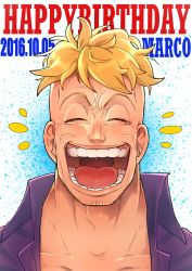 Rule 34 | 1boy, 2016, absurdres, blonde hair, dated, closed eyes, facial hair, happy birthday, highres, himanemu, laughing, male focus, marco (one piece), one piece, open mouth, smile, solo, stubble, tears