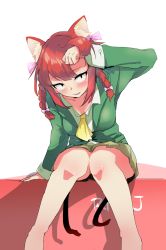 Rule 34 | 1girl, alternate costume, animal ear fluff, animal ears, arm support, arm up, ascot, barefoot, blunt bangs, blush, bow, braid, breasts, cat ears, cat tail, feet out of frame, green jacket, green skirt, hair bow, hair ribbon, highres, jacket, kaenbyou rin, knees together feet apart, leaning forward, long hair, looking at viewer, medium breasts, multiple tails, nekomata, parted lips, pink bow, pleated skirt, ribbon, rnyj (mnun7448), sanpaku, simple background, skirt, smile, solo, tail, touhou, tress ribbon, twin braids, twintails, two tails, upturned eyes, white background, wing collar, yellow ascot