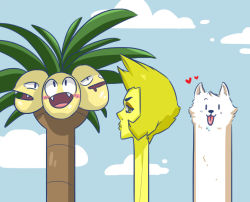 Rule 34 | 1girl, :3, :d, alien, alolan exeggutor, alolan form, black eyes, blonde hair, blue sky, blush, cartoon network, cloud, cloudy sky, colored skin, creature, creatures (company), crossover, dark skin, day, diamond-shaped pupils, diamond (shape), dog, drooling, face, fangs, game freak, gen 7 pokemon, heart, leaf, lesser dog, long neck, looking at viewer, looking to the side, multiple crossover, multiple heads, nintendo, open mouth, outdoors, pokemon, pokemon (creature), pokemon sm, short hair, sky, smile, steven universe, symbol-shaped pupils, tonestarr, tongue, tongue out, trait connection, tree, undertale, white fur, yellow diamond (steven universe), yellow eyes, yellow skin