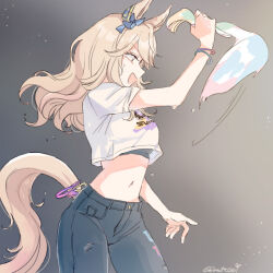 1girl :d animal_ears blonde_hair blue_eyes bow bracelet denim ear_ribbon gold_city_(umamusume) horse_ears horse_girl horse_tail inutose jeans jewelry looking_to_the_side midriff navel open_mouth pants signature smile swept_bangs tail twitter_username umamusume waving_arms wavy_hair