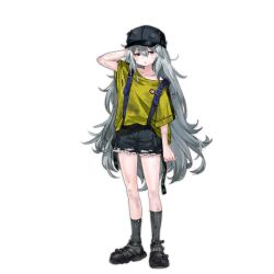 Rule 34 | 1girl, arm behind head, baseball cap, black footwear, black shorts, blue hat, blush stickers, brown eyes, collarbone, crocs, dirty, dirty clothes, emblem, full body, g11 (girls&#039; frontline), girls&#039; frontline, grey hair, grey socks, hair between eyes, hat, infukun, long hair, looking at viewer, official alternate costume, official art, open mouth, petite, ribbed socks, shirt, shorts, simple background, socks, solo, spoilers, standing, suspenders, torn clothes, torn shorts, torn socks, transparent background, very long hair, yellow shirt