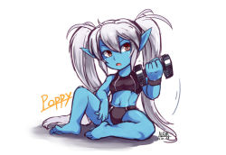 Rule 34 | 1girl, blue skin, colored skin, league of legends, long hair, nam (valckiry), pointy ears, poppy (league of legends), red eyes, solo, sports bra, twintails, weights, white hair, yordle
