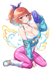 Rule 34 | 1girl, blue shirt, blush, breasts, cleavage, earrings, full body, hair ribbon, high ponytail, holding, holding towel, hololive, hololive english, hoop earrings, jewelry, large breasts, leotard, long sleeves, official alternate costume, official alternate hairstyle, orange hair, pantyhose, parted lips, pink pantyhose, ponytail, ribbed socks, ribbon, sebu illust, shirt, sitting, solo, sweat, takanashi kiara (7th costume), towel, virtual youtuber, wariza, white background