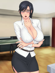 Rule 34 | 1girl, breasts, cleavage, glasses, highres, large breasts, looking at viewer, solo, table, yukijirushi nyugyou