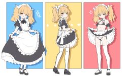 Rule 34 | 1girl, absurdres, ahoge, alternate costume, anger vein, apron, bikini, black bikini, black dress, black footwear, blonde hair, blue archive, closed mouth, dress, enmaided, flat chest, frilled apron, frilled dress, frills, grin, heart, highres, lettu, long hair, maid, maid apron, maid bikini, maid headdress, multiple views, no halo, parted lips, shoes, smile, swimsuit, thighhighs, twintails, unconventional maid, waist apron, white apron, white thighhighs, yellow eyes, yoshimi (blue archive)