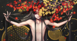 Rule 34 | 1boy, absurdres, androgynous, autumn leaves, black hair, hair lift, highres, long hair, looking at viewer, male focus, one eye covered, original, outstretched arms, red eyes, seichi naruse, solo, spread arms, trap, upper body, very long hair