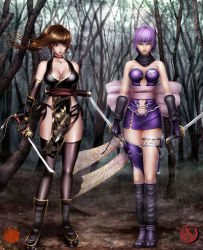 Rule 34 | 2girls, ayane (doa), breasts, brown hair, collaboration, dead or alive, forest, kasumi (doa), large breasts, moemichan, multiple girls, nature, ninja gaiden, ninja gaiden sigma, ninja gaiden sigma 2, ponytail, purple hair, serious, tecmo, xuexue yue hua