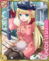 Rule 34 | 1girl, :o, bench, beret, black thighhighs, blonde hair, blue eyes, brown skirt, card (medium), character name, chloe lemaire, coat, girlfriend (kari), hat, long hair, official art, open mouth, outdoors, pink coat, qp:flapper, shirt, sitting, skirt, snow, solo, tagme, thighhighs, upset, winter clothes, winter coat