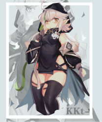 Rule 34 | 1girl, absurdres, ahoge, arknights, ayy (25247), black sleeves, black thighhighs, black tunic, breasts, cropped legs, detached sleeves, flower, gloves, goggles, goggles around neck, goggles on head, green hair, grey background, grey hair, groin, hand up, highres, hood, hood up, looking at viewer, no panties, partially fingerless gloves, pointy ears, short hair, small breasts, solo, thighhighs, thighs, tomimi (arknights), torn clothes, torn thighhighs, unfinished, white flower, yellow eyes, zoom layer