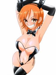 Rule 34 | 1girl, absurdres, animal ears, armpits, arms up, breasts, earrings, highres, jewelry, large breasts, leotard, meme attire, midriff, nami (one piece), one piece, opalis, orange eyes, orange hair, playboy bunny, rabbit ears, see-through, short hair, smile, solo, tattoo, thighhighs, translucent bunnysuit