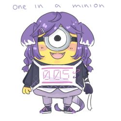 Rule 34 | 1other, black footwear, black sweater, blush, commentary, cosplay, despicable me, english commentary, fangs, goggles, hachi (hachibikii), hair ornament, hairclip, head wings, minion (despicable me), nijisanji, nijisanji en, no humans, one-eyed, open mouth, pants, purple hair, purple pants, selen tatsuki, selen tatsuki (1st costume), selen tatsuki (cosplay), shoes, sneakers, solo, sweater, virtual youtuber, white background, wings