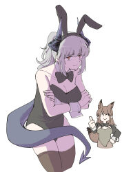 Rule 34 | 2girls, ^ ^, alternate costume, animal ears, arknights, bare shoulders, black bow, black bowtie, black hairband, black leotard, black thighhighs, bow, bowtie, breasts, brown hair, brown tail, cleavage, closed eyes, closed mouth, commentary request, covering privates, cowboy shot, cropped legs, crossed arms, detached collar, dragon girl, dragon horns, dragon tail, embarrassed, fake animal ears, fox ears, fox girl, fox tail, franka (arknights), green leotard, grey hair, grey horns, grey tail, hairband, hand on own hip, hand up, haruichi (sazanami complex), highres, horns, leotard, liskarm (arknights), long hair, looking at viewer, medium breasts, medium hair, multiple girls, orange eyes, playboy bunny, ponytail, rabbit ears, shrug (clothing), simple background, skindentation, smile, strapless, strapless leotard, sweatdrop, tail, thighhighs, thumbs up, traditional bowtie, unfinished, white background, wrist cuffs