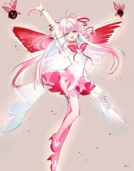 Rule 34 | 1girl, :d, ahma, blue eyes, blush, bow, bowtie, butterfly wings, copyright request, earrings, grey background, hand up, high heels, highres, insect wings, jewelry, looking at viewer, open mouth, pantyhose, pink bow, pink bowtie, pink hair, pink pantyhose, pink skirt, round teeth, skirt, smile, solo, teeth, wings