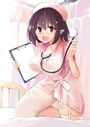 Rule 34 | 1girl, alternate costume, bed, black hair, blush, breasts, clipboard, commentary request, cowboy shot, curtains, dress, garter straps, hair between eyes, hands up, hat, holding, holding clipboard, indoors, kamukamu (ars), large breasts, looking at viewer, nurse, nurse cap, open mouth, pink dress, pink hat, pink ribbon, pointy ears, red eyes, ribbon, shameimaru aya, short hair, smile, solo, stethoscope, thighhighs, thighs, touhou, white thighhighs, zettai ryouiki