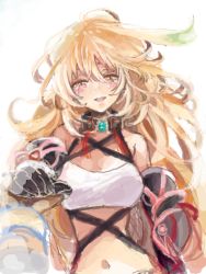 Rule 34 | 1girl, bad id, bad pixiv id, bare shoulders, blonde hair, blush, green hair, j-peg, milla maxwell, multicolored hair, navel, red eyes, smile, solo, strapless, tales of (series), tales of xillia, tears, tube top, two-tone hair, yellow eyes