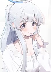 Rule 34 | 1girl, blue archive, blush, breasts, caff (aosui9), cleavage, closed mouth, collarbone, frilled sleeves, frills, grey hair, halo, highres, large breasts, long hair, long sleeves, looking at viewer, mechanical halo, noa (blue archive), purple eyes, shirt, smile, solo, white shirt