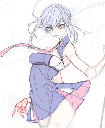 Rule 34 | 1girl, ass, azur lane, bare shoulders, braid, covered erect nipples, covered navel, essex (azur lane), eyelashes, flat color, grey hair, highres, hoe-l, long eyelashes, medium hair, necktie, off shoulder, parted lips, partially colored, pink eyes, pink necktie, ribbon, ribs, sketch, solo, unfinished, white background