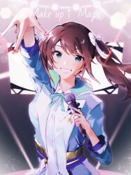 Rule 34 | 1boy, \||/, absurdres, arm up, blue jacket, blush, brown hair, collared jacket, fingerless gloves, gloves, highres, holding, holding microphone, idolmaster, idolmaster side-m, jacket, looking at viewer, male focus, maro np, microphone, mizushima saki, nail polish, necktie, sidelocks, smile, stage lights, trap, twintails, upper body