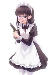 Rule 34 | 1girl, absurdres, apron, black-framed eyewear, black dress, black hair, black ribbon, breasts, brown eyes, charm (object), collared dress, commentary, dress, earrings, english commentary, feet out of frame, frilled apron, frills, glasses, gun, handgun, highres, holding, holding gun, holding weapon, jewelry, juliet sleeves, long sleeves, looking at viewer, lusan666, maid, maid headdress, neck ribbon, open mouth, original, pantyhose, puffy sleeves, ribbon, round eyewear, sidelocks, small breasts, solo, weapon, white apron, white pantyhose