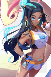 Rule 34 | 1girl, absurdres, armlet, armpits, bad id, bad pixiv id, bare shoulders, belly chain, bike shorts, bikini, black hair, blue eyes, blue eyeshadow, blue hair, breasts, clothes writing, collarbone, commentary request, cowboy shot, creatures (company), dark-skinned female, dark skin, dynamax band, earrings, eyeliner, eyeshadow, game freak, gen 3 pokemon, gloves, groin, gym leader, hair bun, hand on own hip, highres, holding, holding poke ball, hoop earrings, jewelry, long hair, looking at viewer, makeup, medium breasts, midriff, milotic, multicolored hair, navel, necklace, nessa (pokemon), nintendo, outline, parted lips, poke ball, poke ball (basic), pokemon, pokemon (creature), pokemon swsh, sidelocks, single glove, single hair bun, solo focus, standing, swimsuit, takom, tankini, two-tone hair, white background