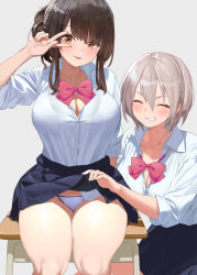 Rule 34 | 2girls, black skirt, blush, bow, bowtie, breasts, brown eyes, brown hair, cleavage, closed eyes, clothes lift, collared shirt, commentary request, desk, grey background, kaisen chuui, large breasts, long sleeves, looking at viewer, multiple girls, original, panties, parted lips, pink bow, pink bowtie, pleated skirt, school uniform, shirt, shirt tucked in, silver hair, simple background, sitting, skirt, skirt lift, smile, thighs, underwear, v, white panties, white shirt
