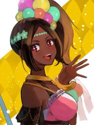 Rule 34 | 1girl, :d, aoisu ao, bare shoulders, breasts, brown hair, dark-skinned female, dark skin, fire emblem, fire emblem engage, hair ornament, highres, large breasts, looking at viewer, medium breasts, nintendo, open mouth, ponytail, red eyes, smile, solo, star-shaped pupils, star (symbol), symbol-shaped pupils, teeth, timerra (fire emblem), twitter username, upper body, upper teeth only