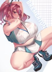 Rule 34 | 1girl, arms behind head, azur lane, breasts, bremerton (azur lane), bremerton (scorching-hot training) (azur lane), character name, cleavage, closed mouth, commentary, copyright name, crop top, crop top overhang, curvy, dutch angle, ear piercing, earrings, english commentary, green footwear, grey hair, hair between eyes, hair ornament, highres, huge breasts, jewelry, large breasts, long hair, moisture (chichi), mole, mole under eye, multicolored hair, piercing, pink eyes, pink hair, plump, shirt, shoes, sleeveless, sleeveless shirt, sneakers, solo, sportswear, spread legs, squatting, streaked hair, tennis uniform, thick arms, thighs, twintails, two-tone hair, two-tone shirt, two-tone skirt, x hair ornament