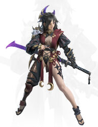 Rule 34 | 1girl, absurdres, armor, asymmetrical clothes, black hair, blue eyes, breasts, cleavage, fishnets, full body, gauntlets, heterochromia, highres, holding, holding sword, holding weapon, horns, katana, lips, long hair, looking at viewer, navel, original, purple eyes, sandals, sheath, shoulder armor, simple background, solo, standing, sword, vergilhoo, weapon, white background