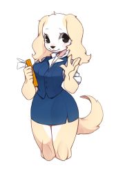 Rule 34 | 1girl, aggressive retsuko, animal ears, blush, brown eyes, curvy, dog, dog ears, dog tail, female focus, furry, furry female, inui (aggretsuko), long ears, looking at viewer, office lady, pointy ears, simple background, skirt, solo, tail, waving