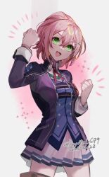 Rule 34 | 1girl, blue jacket, blue vest, bow, bowtie, breasts, buttons, clenched hand, clenched hands, eiyuu densetsu, green eyes, hair between eyes, hajimari no kiseki, hands up, happy, jacket, juna crawford, long sleeves, medium breasts, medium hair, open clothes, open jacket, open mouth, pink hair, pleated skirt, ponytail, raised fist, red bow, saymel679, school uniform, sen no kiseki, sen no kiseki iii, shirt, simple background, skirt, sleeves past wrists, smile, thors military academy branch campus uniform, tongue, uniform, vest, white background, white shirt, white skirt