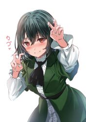 Rule 34 | 1girl, air quotes, ascot, black ascot, blush, center frills, closed mouth, commentary request, fang, fang out, frilled shirt, frills, frontrivers kae, furrowed brow, green hair, green jacket, green nails, hands up, highres, jacket, koufukuron (love live!), long hair, long sleeves, looking at viewer, love live!, love live! nijigasaki high school idol club, mifune shioriko, red eyes, shirt, short hair, solo, translation request, upper body, white background, white shirt