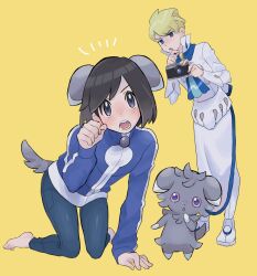 Rule 34 | 2boys, :o, all fours, apron, ascot, barefoot, black hair, blonde hair, blue ascot, blue eyes, blue jacket, blush, buttons, calem (pokemon), camera, commentary request, creatures (company), espurr, game freak, gen 6 pokemon, grey eyes, hand on own chin, highres, holding, holding camera, jacket, long sleeves, looking at viewer, looking down, male focus, multiple boys, nintendo, open mouth, pants, paw pose, pokemon, pokemon ears, pokemon tail, pokemon xy, sana (37pisana), shirt, shoes, short hair, siebold (pokemon), stroking own chin, tail, teeth, toes, tongue, turtleneck, turtleneck jacket, waist apron, white shirt, yellow background