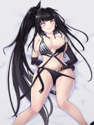 Rule 34 | 1girl, absurdres, architect (girls&#039; frontline), architect (nvw model) (girls&#039; frontline), arms behind back, bare shoulders, bikini, black bikini, black gloves, black hair, blush, breasts, cleavage, collarbone, elbow gloves, feet out of frame, girls&#039; frontline, gloves, highres, long hair, looking at viewer, lying, medium breasts, navel, official alternate costume, on back, open mouth, parted lips, purple eyes, sangvis ferri, side ponytail, simple background, solo, soribit95, swimsuit, teeth, thighs, very long hair, white background