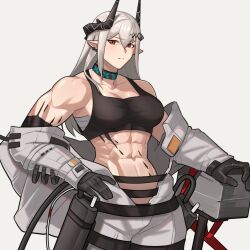 Rule 34 | 1girl, arknights, bare shoulders, black choker, black gloves, breasts, choker, cleavage, commentary, cowboy shot, crop top, gloves, gradient background, grey background, grey hair, hammer, highres, horns, infection monitor (arknights), kimmy tsunami, large breasts, long hair, looking at viewer, material growth, midriff, mudrock (arknights), muscular, oripathy lesion (arknights), pointy ears, red eyes, sarashi, solo, sports bra, standing, stomach, weapon