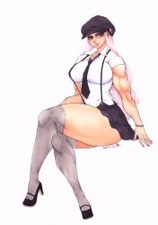 Rule 34 | 1girl, breasts, brown eyes, curvy, earrings, female focus, full body, hat, high heels, highres, jewelry, large breasts, lip piercing, lips, long hair, looking at viewer, mimimoon, muscular, necktie, piercing, pink hair, sitting, skirt, solo, thick thighs, thighs