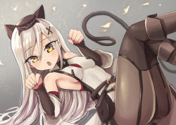 Rule 34 | 1girl, animal ears, ash arms, ass, belt, black belt, black footwear, black hat, black pantyhose, blush, boots, breasts, cable, cable tail, cat ears, cat tail, covered navel, dress, garter straps, hair ornament, hat, knee boots, legs, light blush, long hair, looking at viewer, lying, masa tarou, mechanical tail, on back, open mouth, pantyhose, paw pose, pouch, sleeveless, sleeveless dress, small breasts, solo, swept bangs, tail, vk16.02 leopard (ash arms), white dress, x hair ornament, yellow eyes