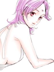 Rule 34 | 1girl, bare shoulders, breasts, celine jules, facial mark, forehead mark, large breasts, long hair, looking at viewer, medium breasts, meme attire, open mouth, purple eyes, purple hair, rorongaxx, sideboob, simple background, solo, star ocean, star ocean the second story, virgin killer sweater, white background