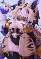 Rule 34 | 1girl, animal ear fluff, animal ears, arm up, bare shoulders, bikini, bikini top only, black coat, black leotard, black thighhighs, blue background, blush, breasts, clothing cutout, coat, collar, curvy, fang, furry, furry female, hip bones, holding, holding weapon, horns, large breasts, leotard, navel cutout, no humans, open mouth, original, purple eyes, rikose, side cutout, simple background, skin tight, solo, standing, swimsuit, tareme, thick thighs, thigh gap, thighhighs, thighs, tight clothes, v-shaped eyebrows, weapon, wide hips, yellow bikini