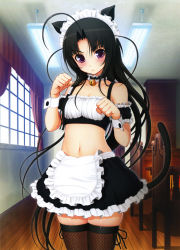 Rule 34 | 1girl, absurdres, ahoge, animal ears, apron, bell, black hair, black thighhighs, blush, breasts, cat ears, cat tail, choker, crop top, fishnet thighhighs, fishnets, highres, long hair, looking at viewer, maid headdress, midriff, navel, neck bell, oki kiki, paw pose, purple eyes, scan, shiny skin, skindentation, small breasts, solo, standing, stomach, sumaga, tail, thighhighs, tsuji santa, very long hair, wrist cuffs