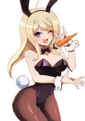 Rule 34 | 1girl, ahoge, akamatsu kaede, animal ears, black leotard, blonde hair, bow, bowtie, breasts, cleavage, commentary request, danganronpa (series), danganronpa v3: killing harmony, detached collar, fake animal ears, fake tail, fishnet pantyhose, fishnets, fortissimo, hair ornament, highres, holding, leotard, long hair, looking at viewer, musical note, musical note hair ornament, pantyhose, playboy bunny, purple eyes, rabbit ears, rabbit tail, saihara shuichi, simple background, smile, strapless, strapless leotard, tail, tsunemi aosa, white background, wrist cuffs