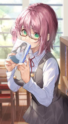 Rule 34 | 1girl, book, bookshelf, chair, commentary request, day, glasses, green eyes, hair between eyes, highres, holding, holding book, indoors, long sleeves, looking at viewer, original, pink hair, school uniform, shio kouji (shiokojii), short hair, skirt, solo, standing, table