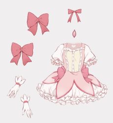Rule 34 | absurdres, bad id, bad twitter id, bubble skirt, buttons, clothes, commentary, dress, frilled skirt, frilled sleeves, frills, gloves, grey background, heart-shaped hole, highres, hitode, kaname madoka, magical girl, mahou shoujo madoka magica, mahou shoujo madoka magica (anime), no humans, pink ribbon, pink theme, puffy short sleeves, puffy sleeves, ribbon, short sleeves, simple background, skirt, soul gem, still life, white gloves