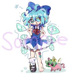 Rule 34 | 1girl, ahoge, alternate costume, barefoot, blue bow, blue eyes, blue hair, blush, bobby socks, bow, cat, cirno, closed mouth, collared shirt, daiyousei, dress, full body, hair bow, hair ornament, ice crystal, internet yamero, kuzucirno, looking at viewer, mary janes, neck ribbon, needy girl overdose, pinafore dress, puffy short sleeves, puffy sleeves, red ribbon, ribbon, self-upload, shirt, shoes, short hair, short sleeves, simple background, single shoe, sleeveless, sleeveless dress, socks, solo, touhou, white background