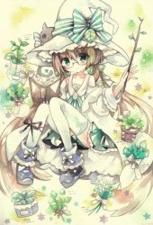 Rule 34 | 1girl, bare shoulders, book, bow, branch, brown hair, cat, footwear ribbon, glasses, green bow, green eyes, green skirt, hair bow, hat, holding, holding book, holding branch, low twintails, moyo (k1rakira), original, plant, radish, skirt, striped, striped bow, thighhighs, twintails, white thighhighs, witch hat, zettai ryouiki